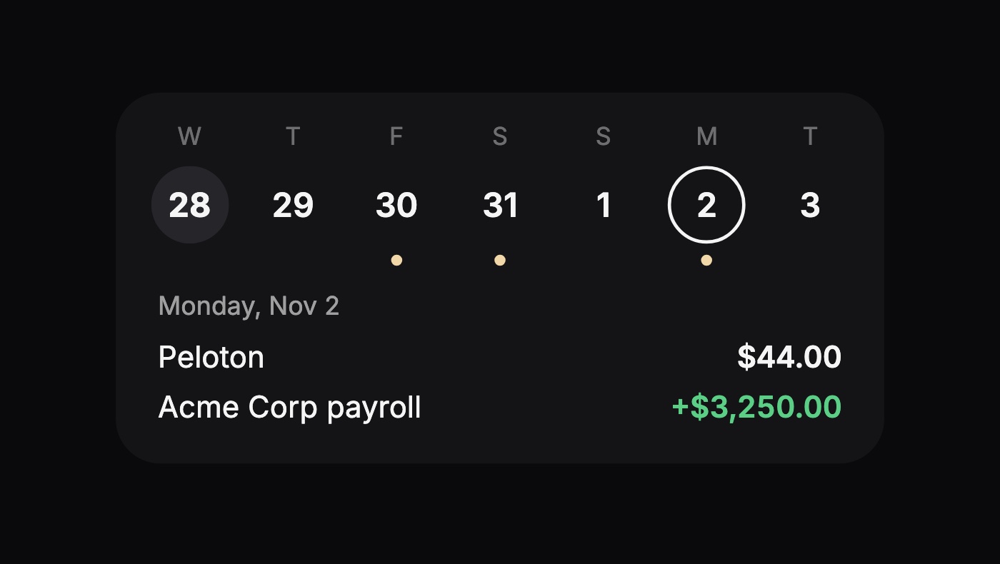 The Recurring week ahead with Monday selected, showing a bill and a paycheck